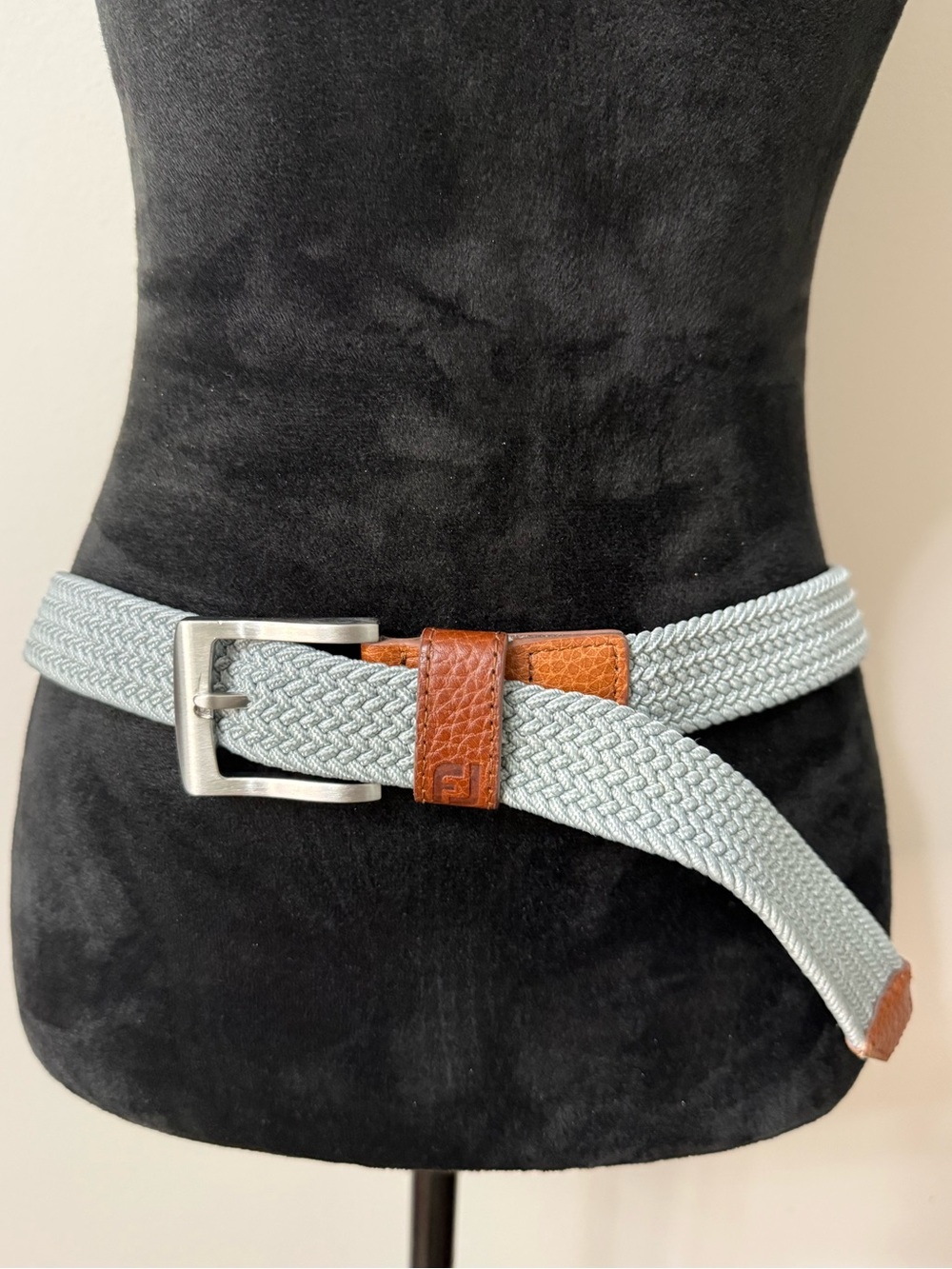 FootJoy Woven Stretch Golf Belt Light Blue Brown Leather Trim 46”